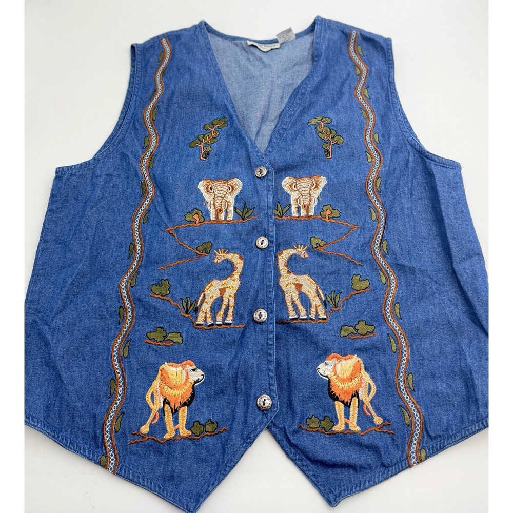 Vintage 90s Denim Vest XL Embroidered Safari Animals Elephant Giraffe Lion